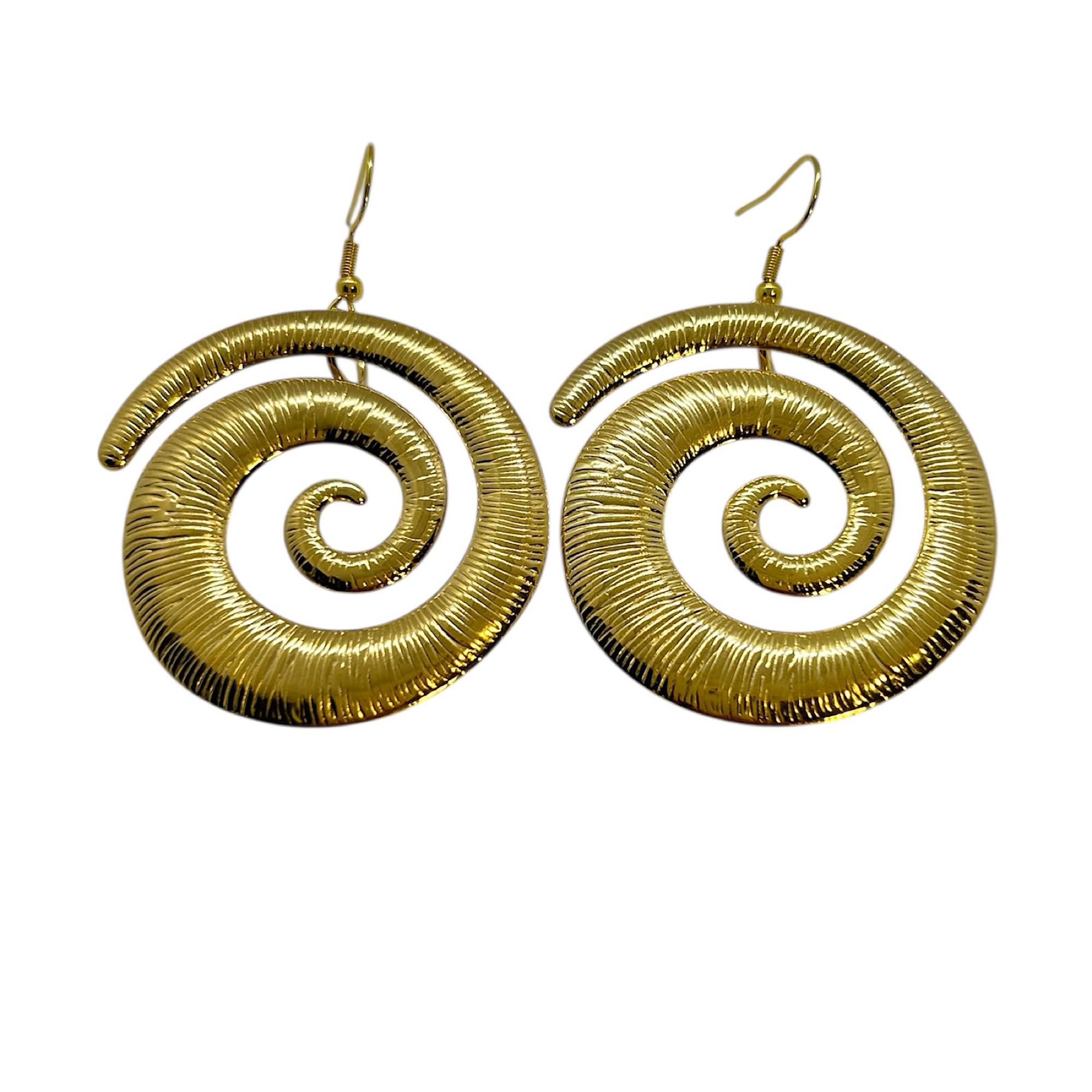 Gold steel earrings with spirals.